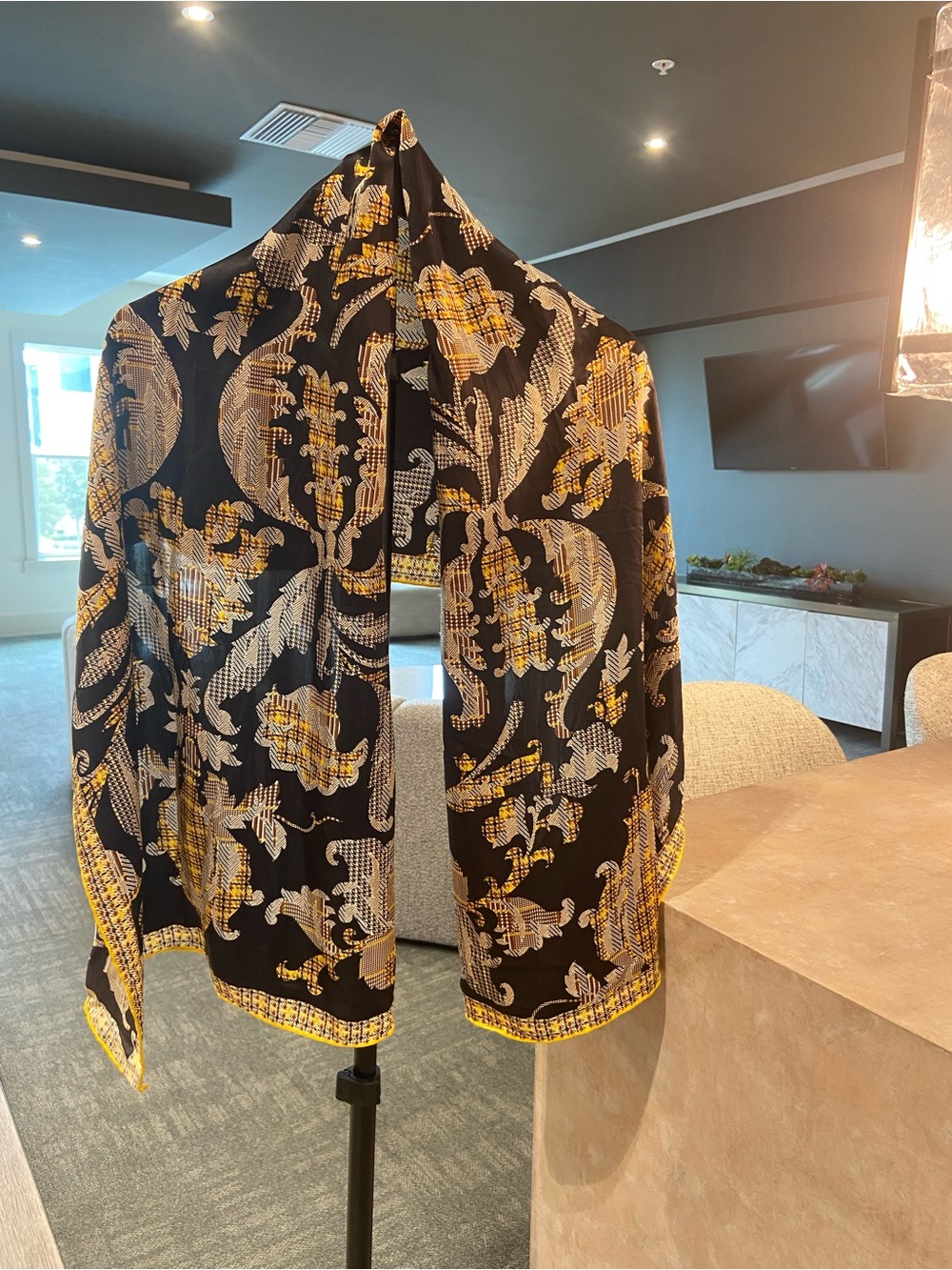 Carlisle Black SILK Scarf with Yellow and Cream Floral Pattern